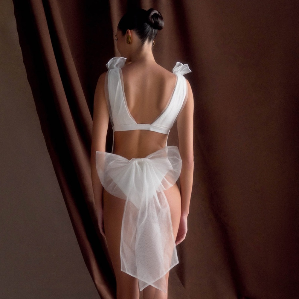 Meshki Sybil Plunge One Piece With Bow - Ivory Swim
